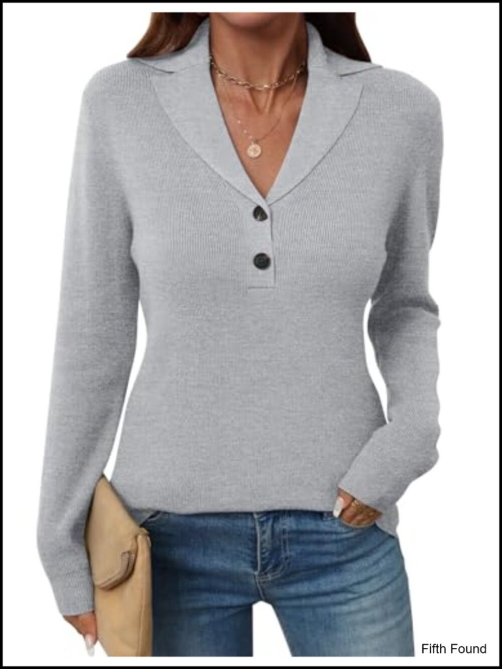 Button Sweater Long Sleeve V-Neck Collared Pullover Henley Knit Top